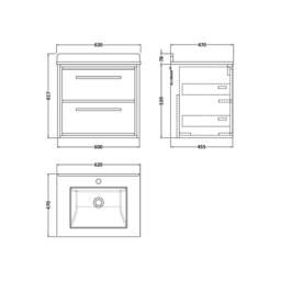 Balterley Longnor 2 Drawer Wall Hung Vanity Basin Unit, Antique Oak, 600mm in Brown - thumbnail 2