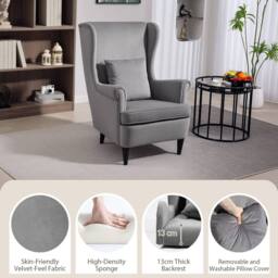Wyld Haus Harire Dark Grey Velvet Feel Wingback Accent Chair High Back - thumbnail 5