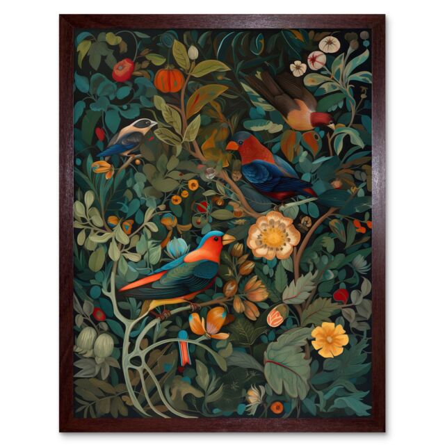 "Artery8 Wall Art Print Parrots on Exotic Blooming Trees Modern Folk Art Framed in Brown - Size: W12"" x H16""" - image 1