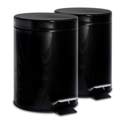 Harbour Housewares 2x Round Bathroom Pedal Bins - 3L Stainless Steel Slim Rubbish Dustbin in Jet Black