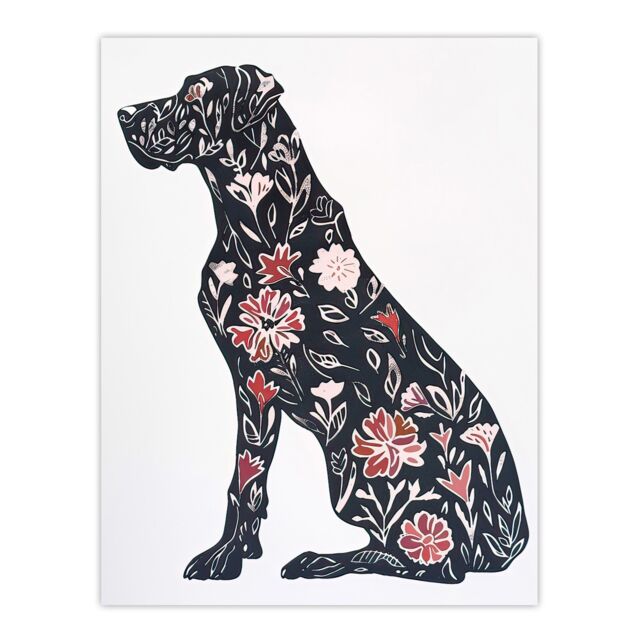 "Artery8 Elegant Flower Pattern Great Dane Dog Lover Wall Art Print in Red - Size: W18"" x H24""" - image 1