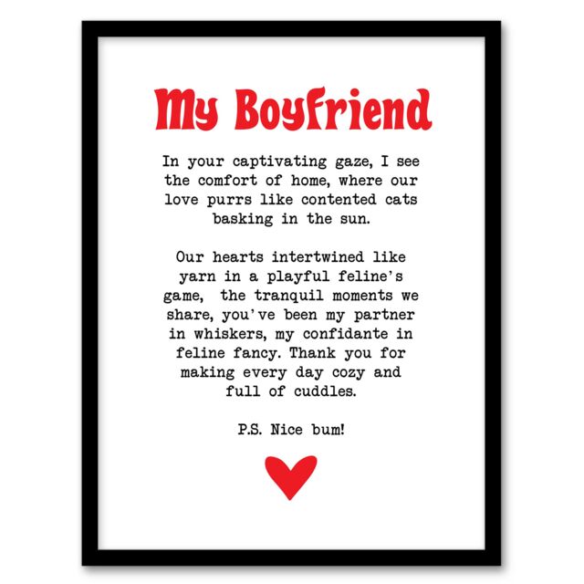 "Artery8 Love Poem Cat Lover Boyfriend Romantic Poetry Fun Framed Art Print in White - Size: W12"" x H16""" - image 1
