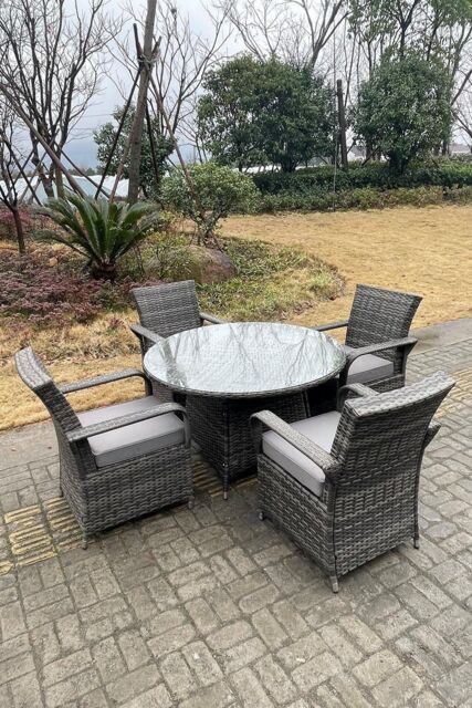 Fimous Rattan Dining Set Table & Chair Sets PE Wicker Patio Outdoor 4 Chairs Plus Round Table in Dark Grey - image 1