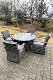 Fimous Rattan Dining Set Table & Chair Sets PE Wicker Patio Outdoor 4 Chairs Plus Round Table in Dark Grey - thumbnail 3