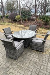 Fimous Rattan Dining Set Table & Chair Sets PE Wicker Patio Outdoor 4 Chairs Plus Round Table in Dark Grey - thumbnail 2