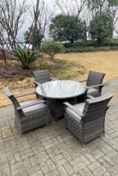 Fimous Rattan Dining Set Table & Chair Sets PE Wicker Patio Outdoor 4 Chairs Plus Round Table in Dark Grey