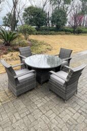 Fimous Rattan Dining Set Table & Chair Sets PE Wicker Patio Outdoor 4 Chairs Plus Round Table in Dark Grey - thumbnail 4