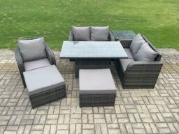 Fimous 7 Seater Rattan Furniture Garden Dining Set Outdoor Height Adjustable Rising lifting Table Love Sofa Chair With Side Table in Dark Grey - thumbnail 2