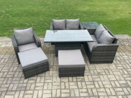 Fimous 7 Seater Rattan Furniture Garden Dining Set Outdoor Height Adjustable Rising lifting Table Love Sofa Chair With Side Table in Dark Grey - thumbnail 1