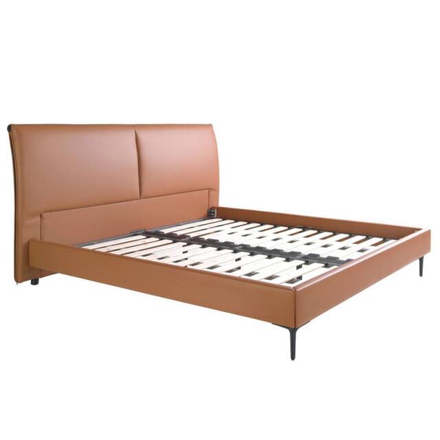 Angel Cerda Brown Leatherette Double Bed Pine Base, Steel Legs - image 1