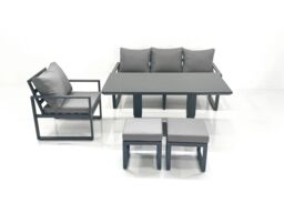 Fimous Outdoor Aluminium Garden Furniture Set with Adjustable Rising Lifting Dining Table 3 Seater Sofa Chair 2 Small Footstools Dark Grey - thumbnail 1