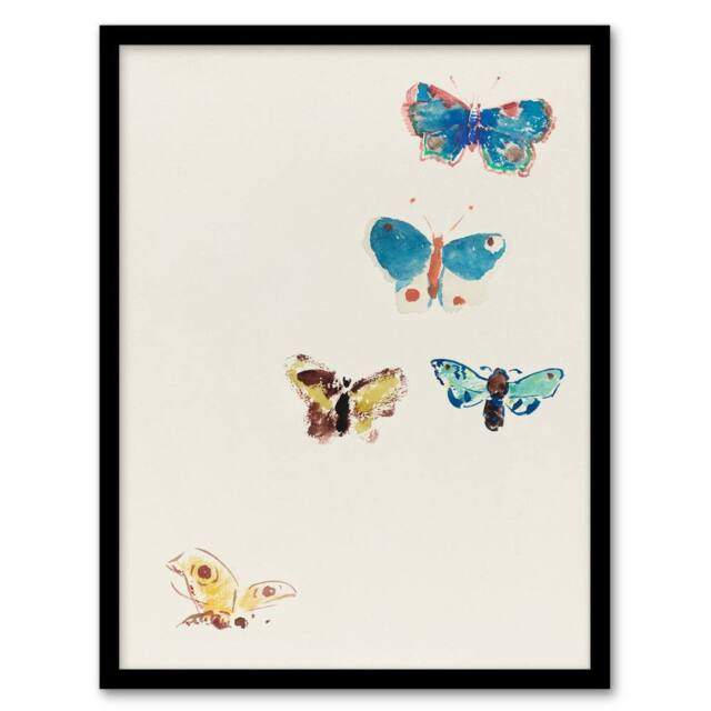 "Artery8 Five Butterflies Watercolour Redon Vintage Framed Wall Art Print in White - Size: W12"" x H16""" - image 1