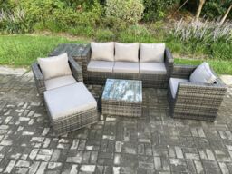 Fimous 6 Seater Outdoor Lounge Sofa Set Wicker PE Rattan Garden Furniture Set with Armchair Squar Coffee Table Footstool in Dark Grey - thumbnail 1