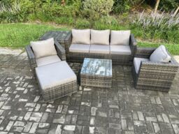 Fimous 6 Seater Outdoor Lounge Sofa Set Wicker PE Rattan Garden Furniture Set with Armchair Squar Coffee Table Footstool in Dark Grey - thumbnail 2