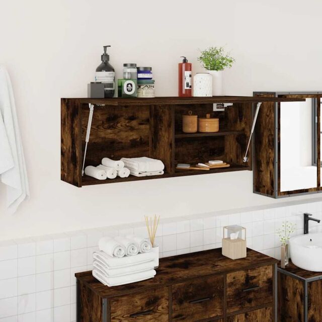 Berkfield Home Bathroom Wall Cabinet Smoked Oak 100x25x40 cm Engineered Wood in Brown - Size: 100 x 25 x 40 cm - image 1