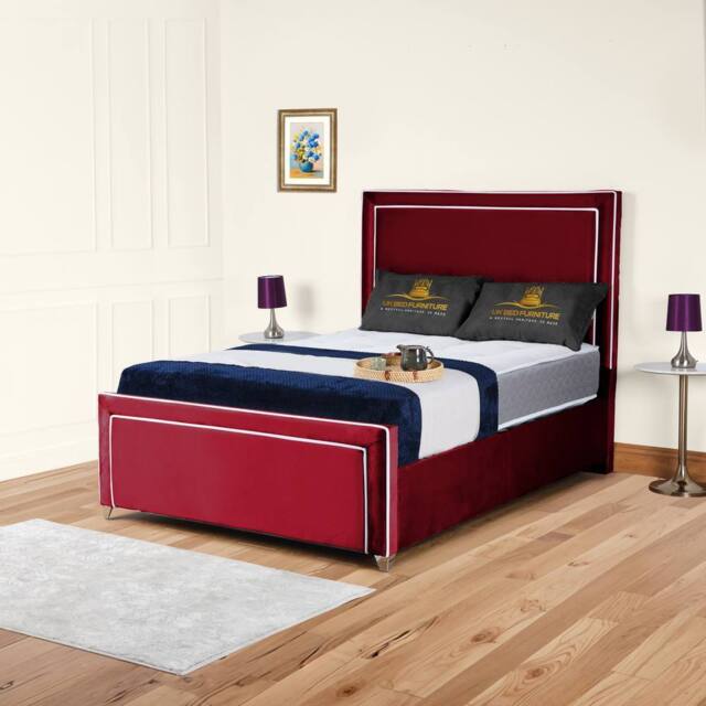 UK Bed Furniture Ariana Upholstered Bed Frame with 48-inch Headboard - Slatted Base in Maroon - Size: Small Double - image 1