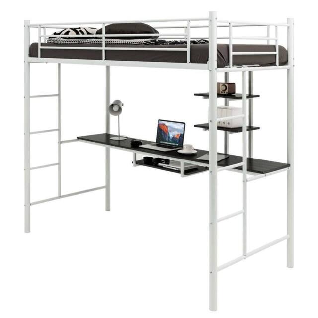 Costway 3.5FT Single Metal Loft Bed Frame High Sleeper Bunk Bed W/ Desk Storage Shelves in White - image 1
