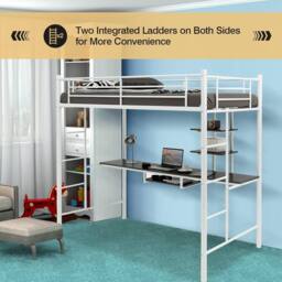 Costway 3.5FT Single Metal Loft Bed Frame High Sleeper Bunk Bed W/ Desk Storage Shelves in White - thumbnail 3