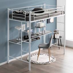 Costway 3.5FT Single Metal Loft Bed Frame High Sleeper Bunk Bed W/ Desk Storage Shelves in White - thumbnail 2