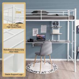 Costway 3.5FT Single Metal Loft Bed Frame High Sleeper Bunk Bed W/ Desk Storage Shelves in White - thumbnail 4