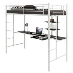 Costway 3.5FT Single Metal Loft Bed Frame High Sleeper Bunk Bed W/ Desk Storage Shelves in White