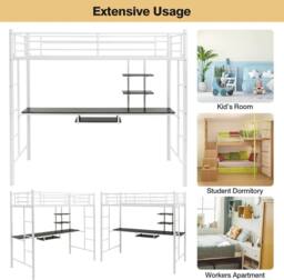 Costway 3.5FT Single Metal Loft Bed Frame High Sleeper Bunk Bed W/ Desk Storage Shelves in White - thumbnail 5