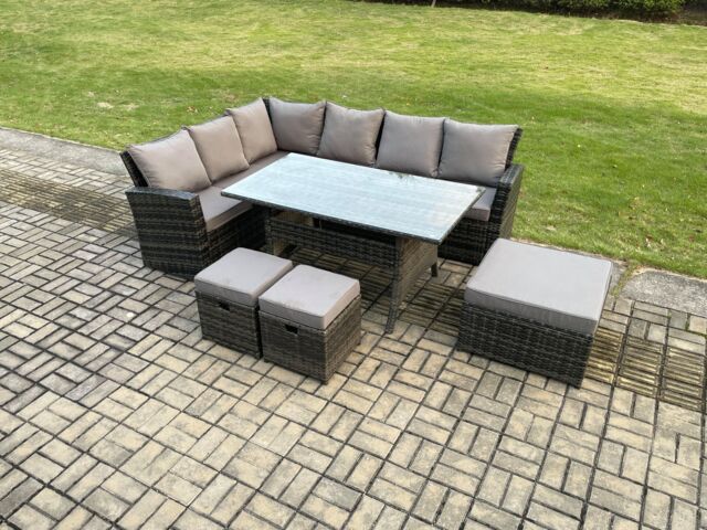 Fimous 9 Seater Garden Rattan Furniture Corner Dining Set with 3 Footstools Indoor Outdoor Lounge Sofa Set Dark Grey Mixed - image 1