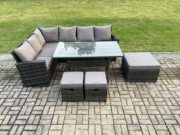 Fimous 9 Seater Garden Rattan Furniture Corner Dining Set with 3 Footstools Indoor Outdoor Lounge Sofa Set Dark Grey Mixed - thumbnail 2