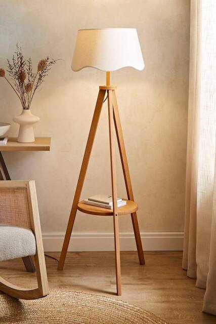 ValueLights Morrigan Rich Wood Tripod Floor Lamp with Scalloped Lamp Shade in Natural - image 1