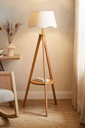ValueLights Morrigan Rich Wood Tripod Floor Lamp with Scalloped Lamp Shade in Natural - thumbnail 1