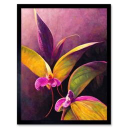 "Artery8 Wall Art Print Pink Orchid Vibrant Mauve Flowers Painting Art Framed in Black - Size: W12"" x H16""" - thumbnail 1