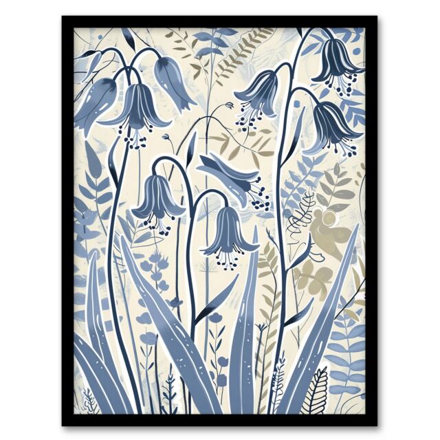 Artery8 Spring Bluebells Bright Flower Painting Botanical Framed Art Print in Blue - Size: A4 - image 1