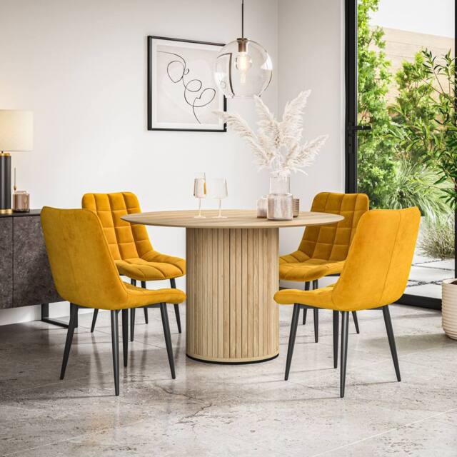 More4Homes Arlo Oak Table Top W Oak Legs + Nova Velvet Dining Chair Set Of 6 in Mustard - image 1