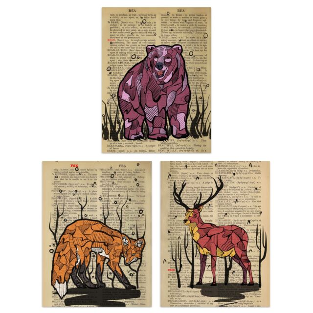 Artery8 Wall Art Print Pack of 3 A4 Upcycle Dictionary Page Animals Fox Bear Stag Deer Living Room s Set - image 1
