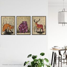 Artery8 Wall Art Print Pack of 3 A4 Upcycle Dictionary Page Animals Fox Bear Stag Deer Living Room s Set - thumbnail 3