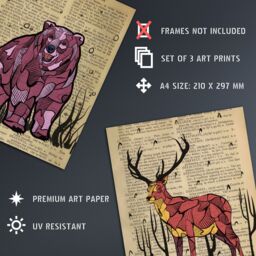Artery8 Wall Art Print Pack of 3 A4 Upcycle Dictionary Page Animals Fox Bear Stag Deer Living Room s Set - thumbnail 4