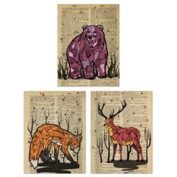Artery8 Wall Art Print Pack of 3 A4 Upcycle Dictionary Page Animals Fox Bear Stag Deer Living Room s Set - thumbnail 1