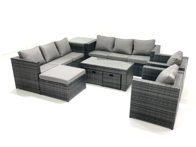 Fimous Rattan Garden Furniture Sofa Set with Coffee table Armchair Side Table 3 Footstools Dark Grey Mixed - image 1