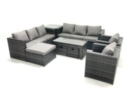 Fimous Rattan Garden Furniture Sofa Set with Coffee table Armchair Side Table 3 Footstools Dark Grey Mixed - thumbnail 1