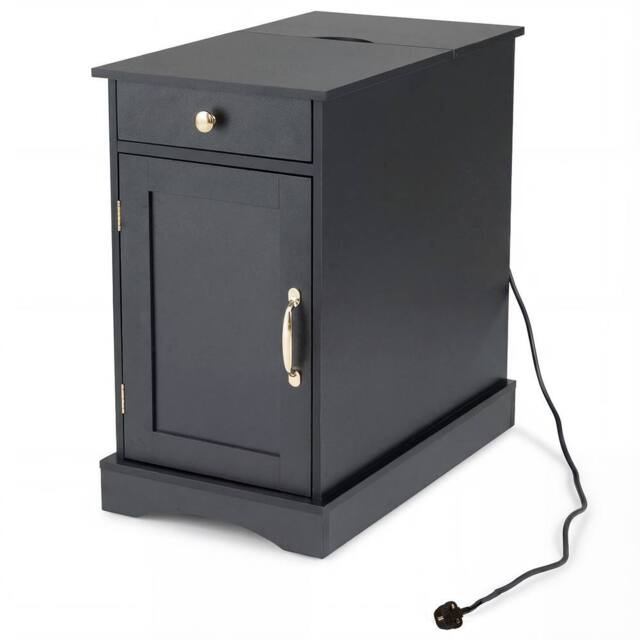 Costway End Table w/ Charging Station Narrow Nightstand Bedside Table w/Drawer in Black - image 1