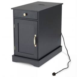 Costway End Table w/ Charging Station Narrow Nightstand Bedside Table w/Drawer in Black - thumbnail 1