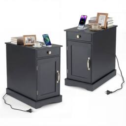 Costway End Table w/ Charging Station Narrow Nightstand Bedside Table w/Drawer in Black - thumbnail 4