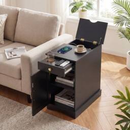 Costway End Table w/ Charging Station Narrow Nightstand Bedside Table w/Drawer in Black - thumbnail 5