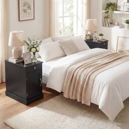 Costway End Table w/ Charging Station Narrow Nightstand Bedside Table w/Drawer in Black - thumbnail 7