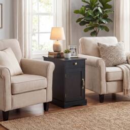 Costway End Table w/ Charging Station Narrow Nightstand Bedside Table w/Drawer in Black - thumbnail 6