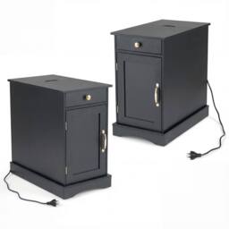 Costway End Table w/ Charging Station Narrow Nightstand Bedside Table w/Drawer in Black - thumbnail 3
