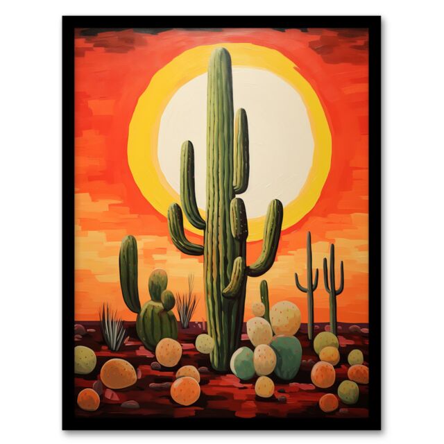 Artery8 Desert Cactus At Noon Artwork Painting White Hot Sun Red Yellow South America La Guajira Art Print Framed Poster Wall Decor - Size: A4 - image 1