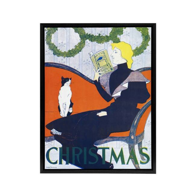 "Artery8 Vintage Christmas Woman With Cat Framed Canvas Wall Art Print E Penfield in Red - Size: W12"" x H16""" - image 1