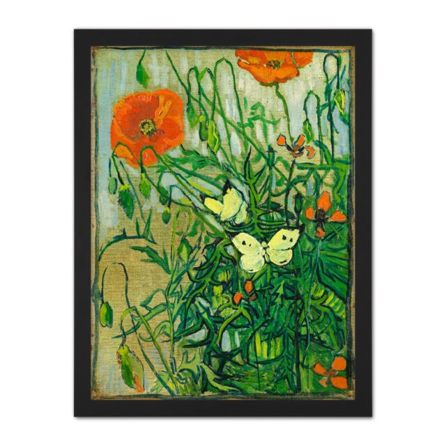 "Artery8 Wall Art Print Vincent Van Gogh Butterflies & Poppies Large Framed Wall Décor Art in Black - Size: W18"" x H24""" - image 1