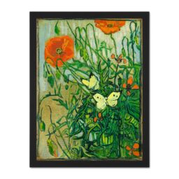 "Artery8 Wall Art Print Vincent Van Gogh Butterflies & Poppies Large Framed Wall Décor Art in Black - Size: W18"" x H24""" - thumbnail 1